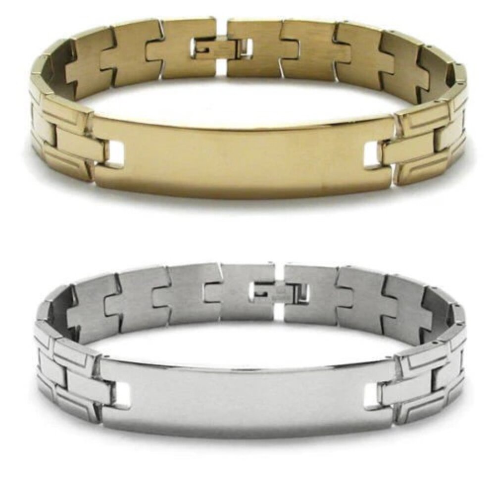 CLASSIC 8" EDGE GROOVED STRAP LINK STAINLESS STEEL BRACELET ENGRAVABLE PLATE